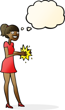 Bir insan tarafından çizilmiş düşünce baloncuğuyla el çırpan çizgi film kadını.