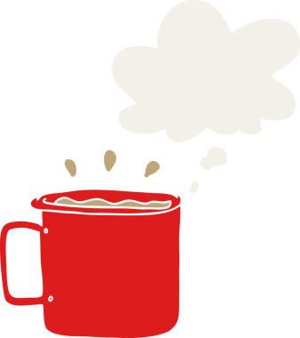 Düşünce baloncuklu bir kahve fincanı insan tarafından çizilmiş.