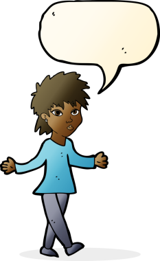 Bir insan tarafından çizilmiş konuşma baloncuğuyla omuz silken çizgi film kadını.