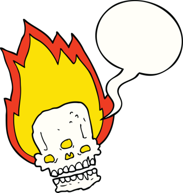 Bir insan tarafından çizilmiş konuşma baloncuğu olan alevli bir kafatası.
