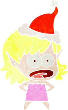 Bir insan tarafından çizilmiş Noel Baba şapkası giyen şok olmuş bir elf kızının el çizimi karikatürü.