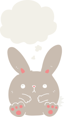 Düşünce baloncuklu çizgi film tavşanı insan tarafından çizilmiş.