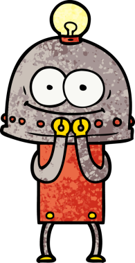 Bir insan tarafından çizilmiş ampullü mutlu karton robot.