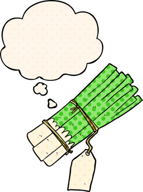 Çizgi roman tarzında bir insan tarafından çizilmiş düşünce baloncuğu olan organik pırasalar.