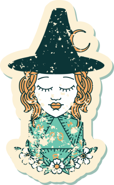 Bir insan tarafından çizilmiş doğal yirmi zarlı bir cadının grunge çıkartması.