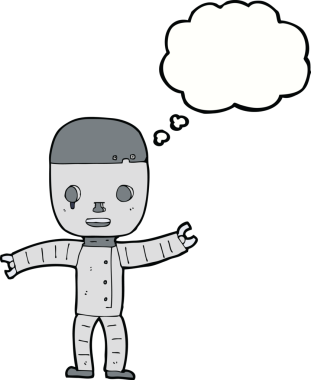 Bir insan tarafından çizilmiş düşünce baloncuklu çizgi film robotu