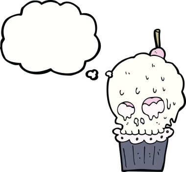 Bir insan tarafından çizilmiş düşünce baloncuklu ürkütücü kafatası keki.