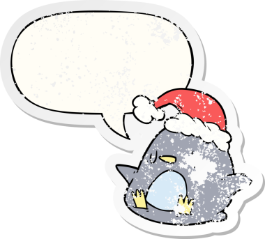 Konuşma baloncuğu olan sevimli penguen bir insan tarafından çizilmiş sıkıntılı eski bir çıkartma.