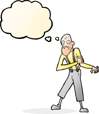 Karikatür ihtiyarı bir insan tarafından çizilmiş düşünce balonuyla kalp krizi geçiriyor.