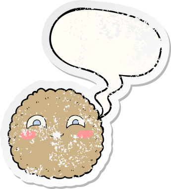 Konuşma balonlu çizgi film bisküvisi bir insan tarafından çizilmiş sıkıntılı eski bir çıkartma