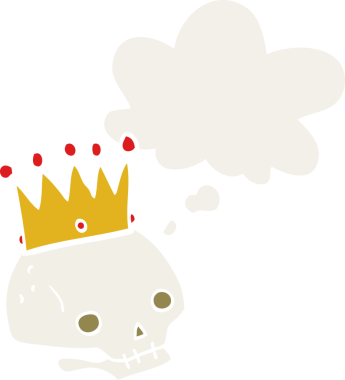 Düşünce baloncuğu ile taçlı karikatür kafatası insan tarafından çizilmiş.