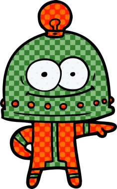 Bir insan tarafından çizilmiş ampullü mutlu karton robot.