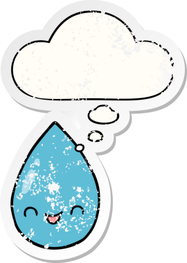 Düşünce baloncuklu tatlı yağmur damlası, bir insan tarafından çizilmiş yıpranmış bir çıkartma gibi.