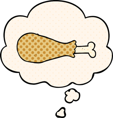 Çizgi roman tarzında bir insan tarafından çizilmiş düşünce balonlu tavuk budu.