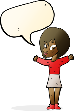 Bir insan tarafından çizilmiş konuşma balonlu açık kollu çizgi film kadını.