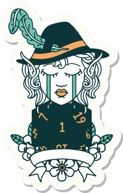 Ağlayan bir elf şair karakterinin çıkartması. Bir insan tarafından çizilmiş doğal bir D20 rulosu.