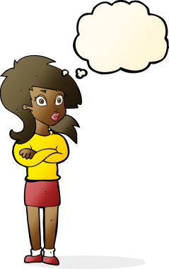 Bir insan tarafından çizilmiş düşünce balonuyla kollarını kavuşturmuş çizgi film kadını.