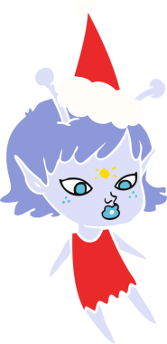 Bir insan tarafından çizilmiş Noel Baba şapkası giyen uzaylı bir kızın düz renkli çizimi.