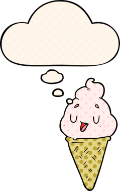 Bir insan tarafından çizilmiş çizgi roman tarzı düşünce baloncuklu tatlı çizgi film dondurması.