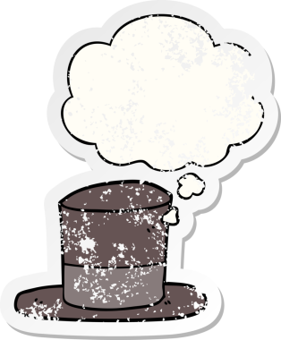 Düşünce baloncuklu çizgi film şapkası bir insan tarafından çizilmiş yıpranmış bir çıkartma.