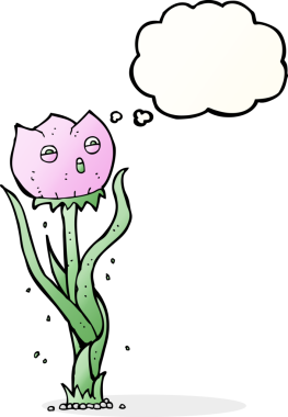 Bir insan tarafından çizilmiş düşünce baloncuklu karikatür çiçeği