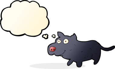 Bir insan tarafından çizilmiş düşünce balonlu mutlu küçük köpek.