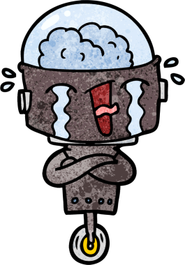 Bir insan tarafından çizilmiş ağlayan robot çizgi film.