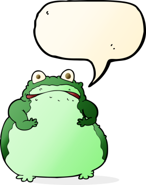 Bir insan tarafından çizilmiş konuşma balonlu şişman kurbağa.