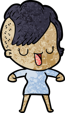 Bir insan tarafından çizilmiş hippi saç kesimli sevimli bir çizgi film kızı.