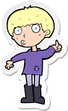 Bir insan tarafından çizilmiş sorular soran bir çizgi film çocuğunun çıkartması.