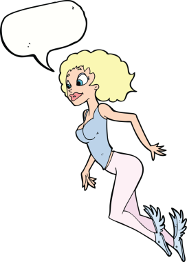 Bir insan tarafından çizilmiş konuşma balonlu uçan kadın.