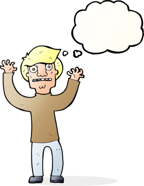 Bir insan tarafından çizilmiş düşünce baloncuğuyla dehşete düşmüş bir adam.