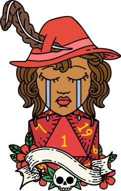 Retro Dövme Tarzı Ağlayan İnsan Druid karakteri Bir insan tarafından çizilmiş doğal bir D20 ruloyla