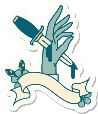 Bir insan tarafından çizilmiş eline hançer işareti olan dövme stili çıkartması.