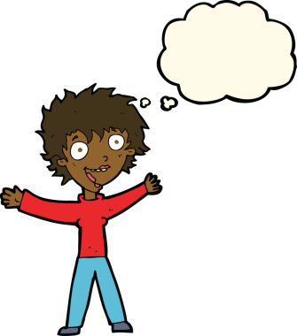 Bir insan tarafından çizilmiş düşünce baloncuğu olan heyecanlı bir kadın.