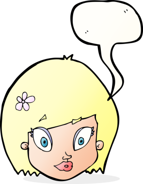 Bir insan tarafından çizilmiş konuşma balonlu mutlu kadın yüzü.