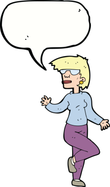 Bir insan tarafından çizilmiş bir konuşma balonuyla el sallayan çizgi film kadını.