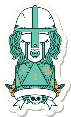 Ağlayan bir Ork savaşçı karakterinin çıkartması. Bir insan tarafından çizilmiş doğal bir D20 rulosu var.