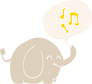 Bir insan tarafından çizilmiş, konuşma baloncuğu olan karikatür trompetçi fil.