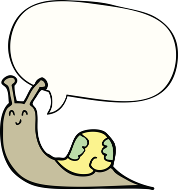 Bir insan tarafından çizilmiş konuşma balonlu şirin çizgi film salyangozu.