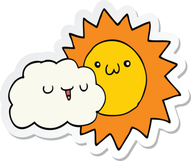 Bir insan tarafından çizilmiş karikatür güneş ve bulut çıkartması.