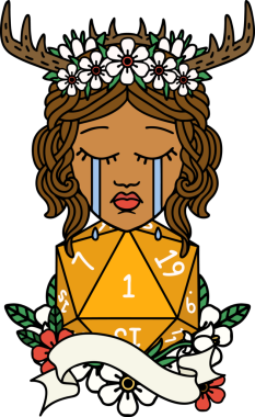 Retro Dövme Tarzı Ağlayan İnsan Druid Bir insan tarafından çizilmiş D20 doğal bir rulo