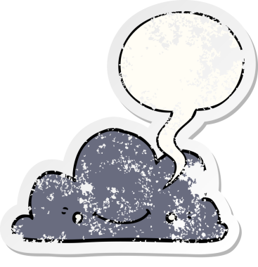 Konuşma baloncuğu olan sevimli çizgi film bulutu bir insan tarafından çizilmiş sıkıntılı eski bir çıkartma