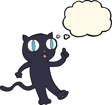 Bir insan tarafından çizilmiş düşünce baloncuklu kara kedi.