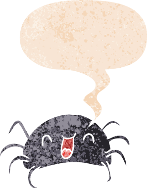 çizgi film örümceği, konuşma baloncuğu ve grunge dertli eski moda bir insan tarafından çizilmiş.