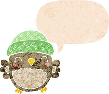 Şapkalı sevimli bir baykuş, grunge 'da konuşma baloncuğu olan sıkıntılı eski moda bir insan tarafından çizilmiş.