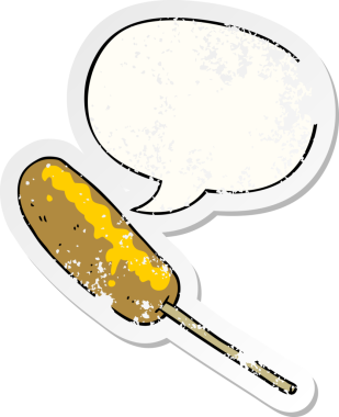 Konuşma balonlu bir çubuk üzerinde çizgi film sosislisi. Bir insan tarafından çizilmiş sıkıntılı eski bir çıkartma.