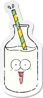 Bir insan tarafından çizilmiş saman dolu mutlu bir süt şişesinin sıkıntılı çıkartması.