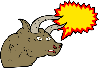 Bir insan tarafından çizilmiş konuşma balonlu kızgın bir boğa kafası.