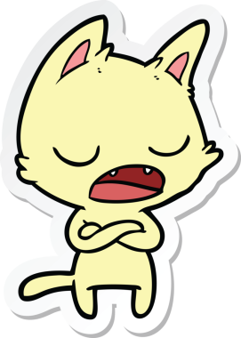 Bir insan tarafından çizilmiş çapraz kollu konuşan bir kedinin çıkartması.